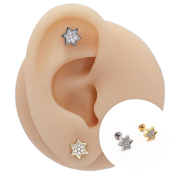 Piercing Labret Aço Cirúrgico Estrela Zircônia Cravejada
