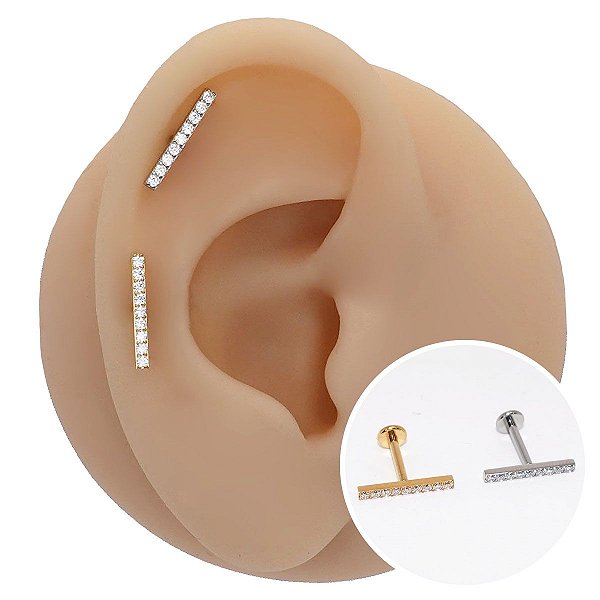 Piercing Labret em Aço Cirúrgico Barra 12mm Zircônia Cravejada