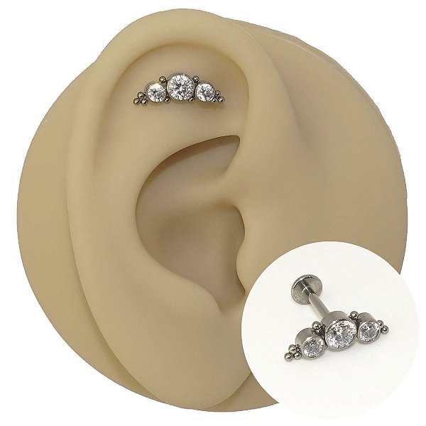 Piercing Labret Cascata em Titânio Bolinhas e Três zircônias Redondas