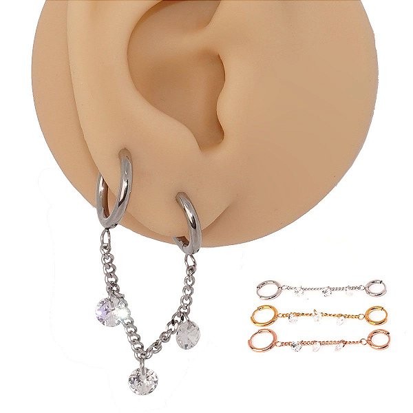 Piercing Argola Corrente em Aço Cirúrgico Pingente Cristal