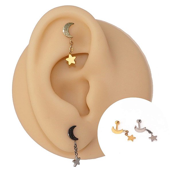 Piercing Labret em Titânio Lua Corrente com Pingente Estrela