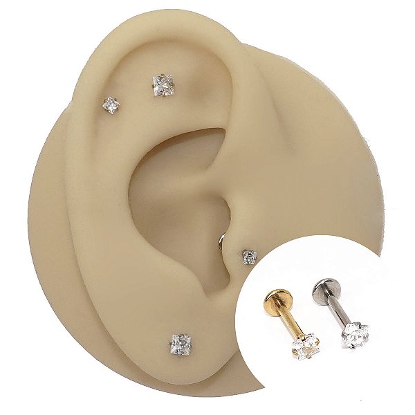 Piercing Labret Plug em Aço Cirúrgico Quadrado Zircônia
