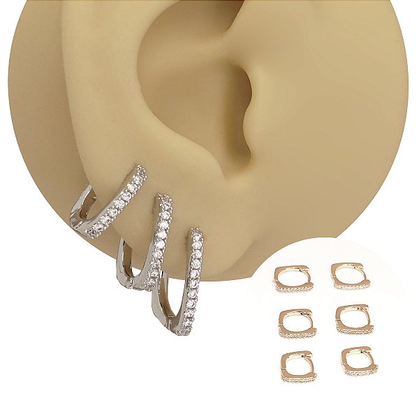 Mix Brincos Folheado  Argola Formato Quadrado Slim