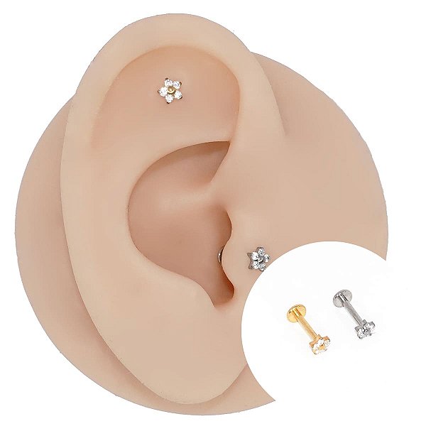 Piercing Labret em Aço Cirúrgico Flor Zircônia