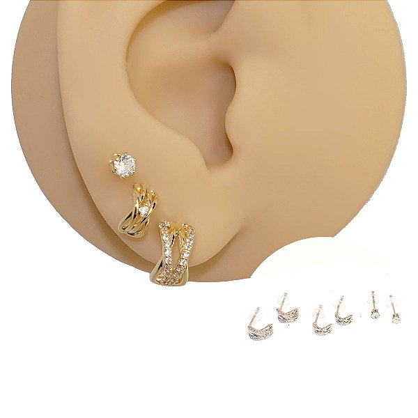 Mix Brincos Prata 925 Meia Argola Zircônias