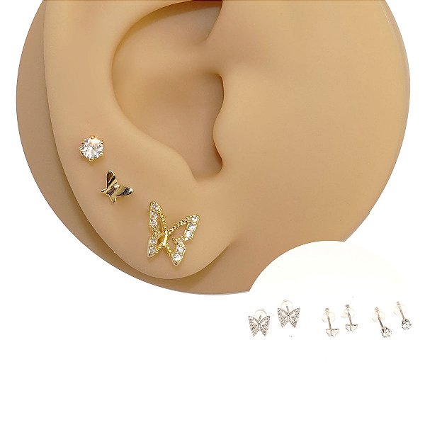 Mix Brincos Prata 925 Borboleta Zircônias
