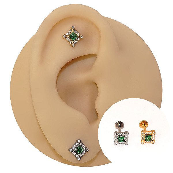 Piercing Labret em Titânio Quadrado Esmeralda Zircônias