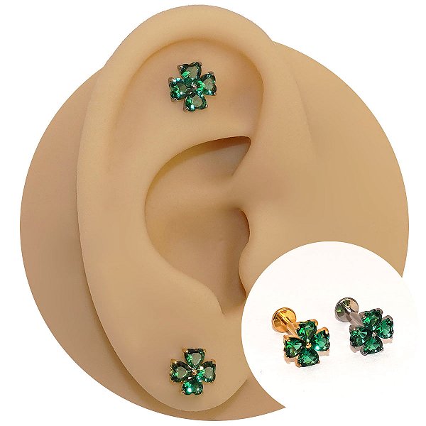 Piercing Labret em Titânio Trevo de Quatro Folhas Verde