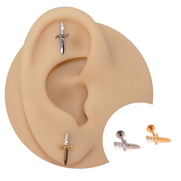 Piercing Labret em Titânio Adaga Espada Zircônias