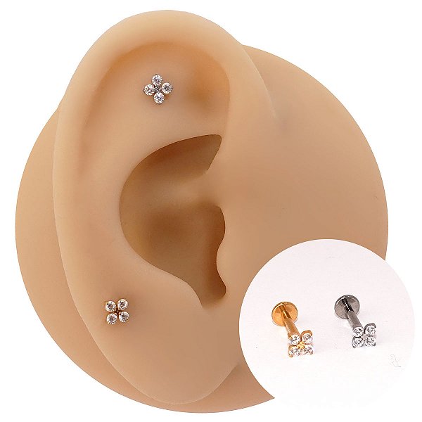 Piercing Labret em Titânio Flor Quatro Zircônias