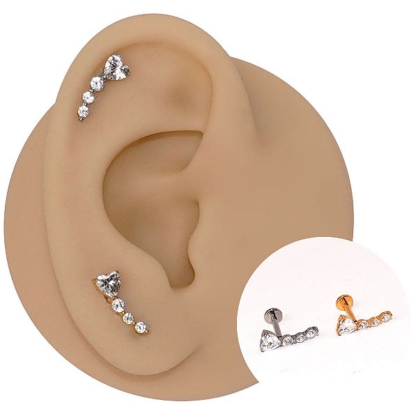 Piercing Labret Cascata em Titânio Coração Quatro Zircônias
