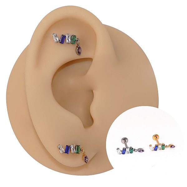 Piercing Labret Cascata em Titânio 4 Retângulos Pingente Navete Colors