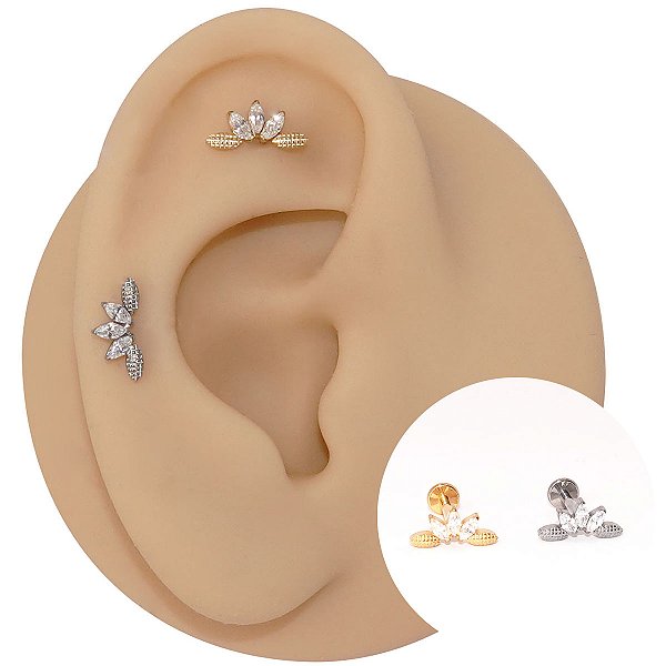 Piercing Labret Cascata em Titânio Três Zircônias Folhas