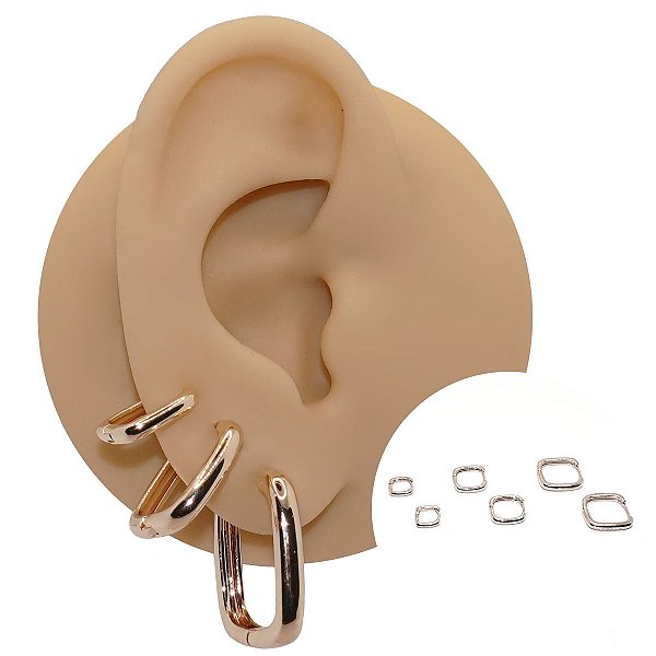 Mix de Brincos Argola Clicker Folheado Square Quadrado Liso