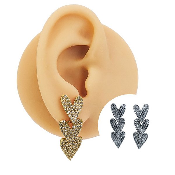Brinco Folheado Triple Corações Zircônias