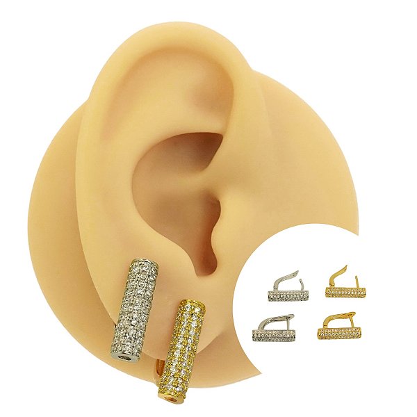 Brinco Argola Clicker Folheado Barra Glam Zircónias