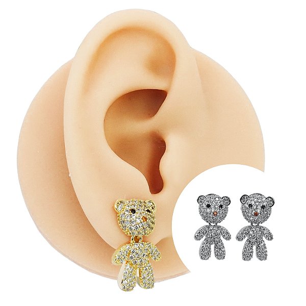 Brinco Folheado Ursinho Teo Zircônias