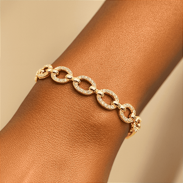 Pulseira Bracelete Folheado Elos Zircônias
