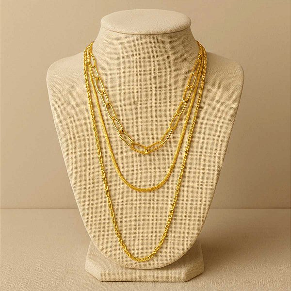 Colar Gargantilha Folheado Triple Correntes