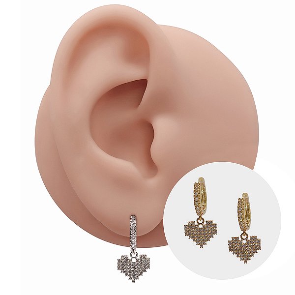 Brinco Argola Folheado Clicker Coração Cravejado