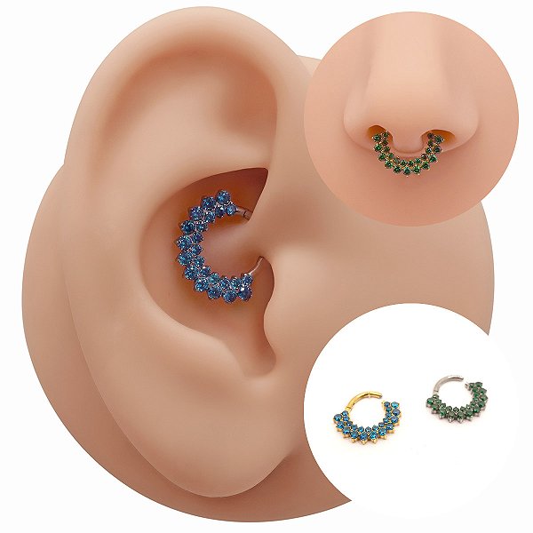 Piercing Argola Click em Titânio Double Zircônias Colors