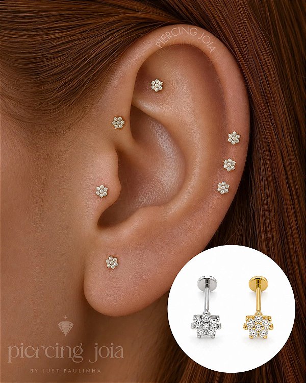 Piercing Australiano Labret em Titânio Mini Flor 6 Zircônias