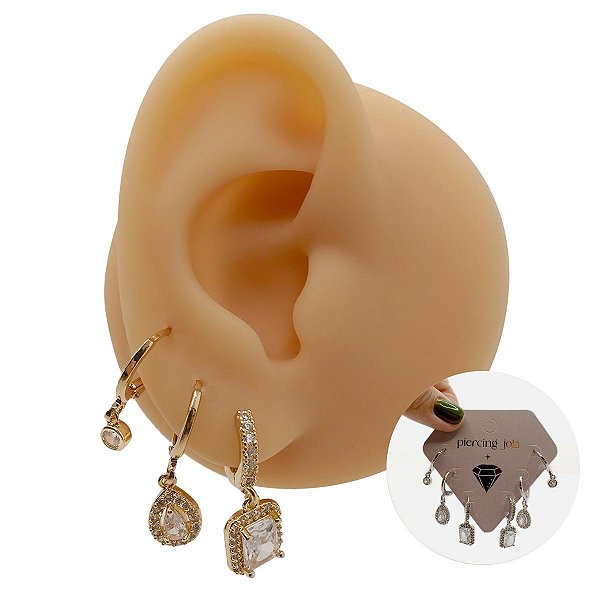 Mix Brincos Folheado Argolas Quadro Zircônias