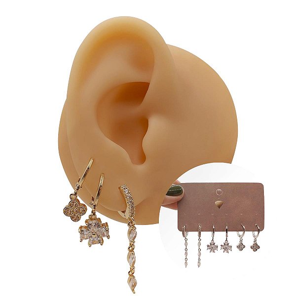 Mix Brincos Folheado Argolas Flor Zircônias