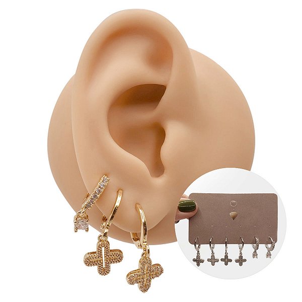 Mix Brincos Folheado Argolas Cruz Zircônias