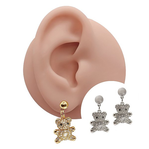 Brinco Folheado Ursinho Teo Zircônias