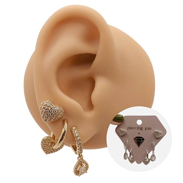 Mix Brincos Folheado Coração Gotas Zircônias