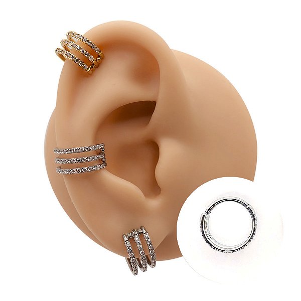 Piercing Argola Clicker em Titânio PVD Três Fileiras Zircônias