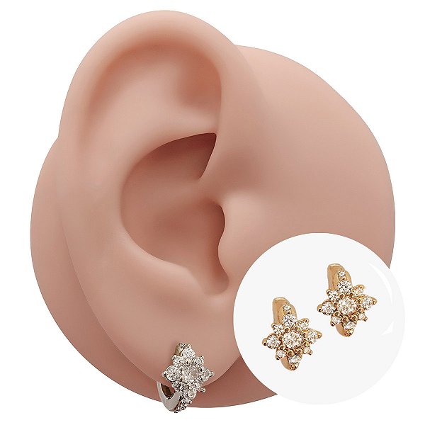 Brinco Argola Clicker Folheado Flor Zircônia