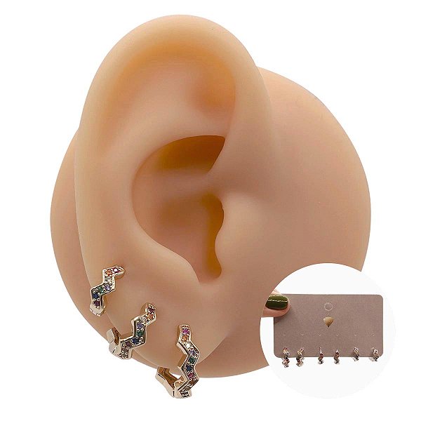 Mix Brincos Folheado Argolas Color Zig Zag Zircônias