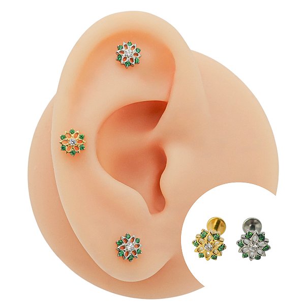 Piercing Labret em Titânio Flor Verde Zircônia