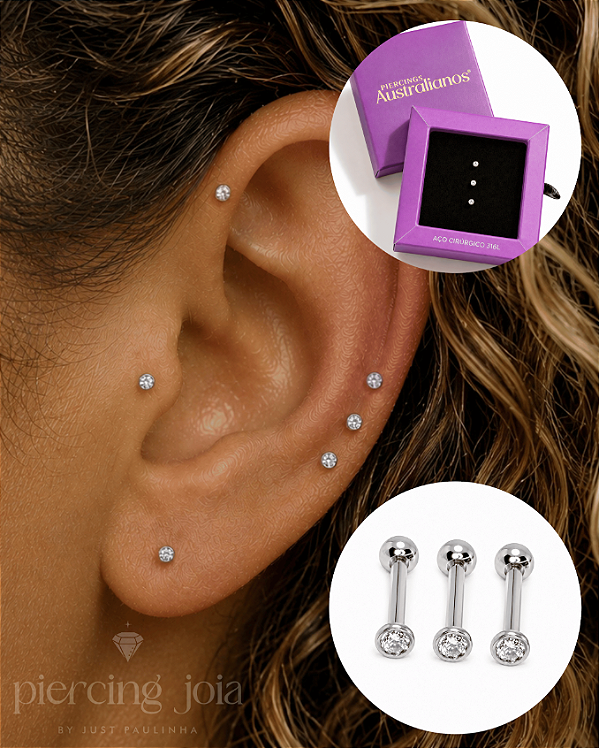 Trio Piercings Australianos JP Aço + Caixa