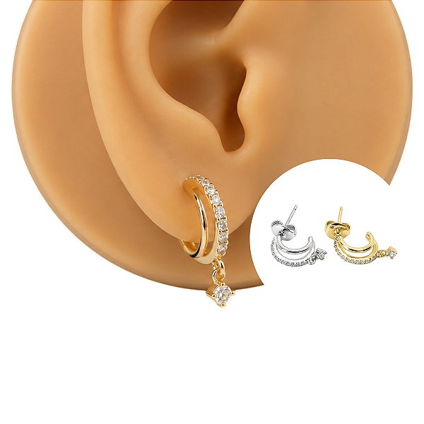 Brinco Argola Folheado Duo Glam com Zircônia