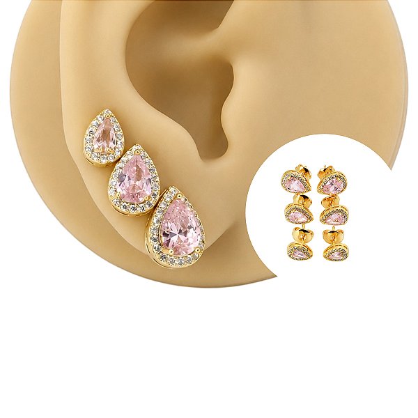 Trio de Brincos Folheado Gota Zircônia Rosa