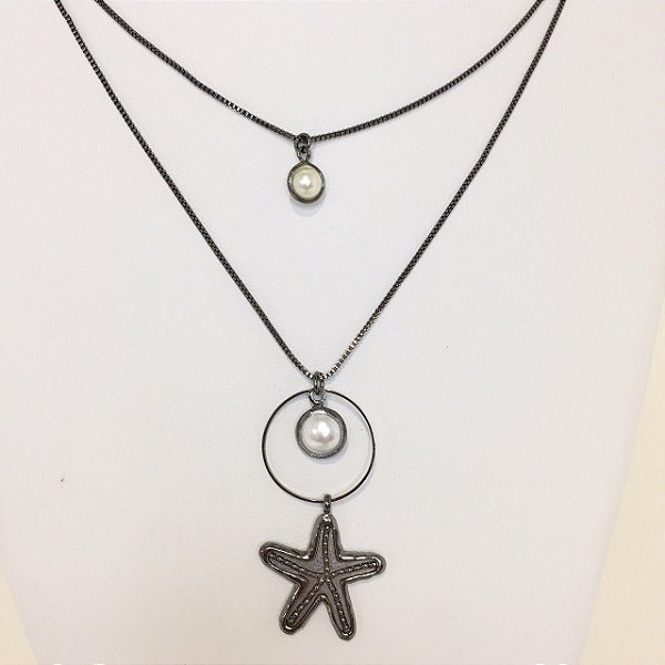 COLAR RODIO NEGRO DUPLO PÉROLA E ESTRELA MAR