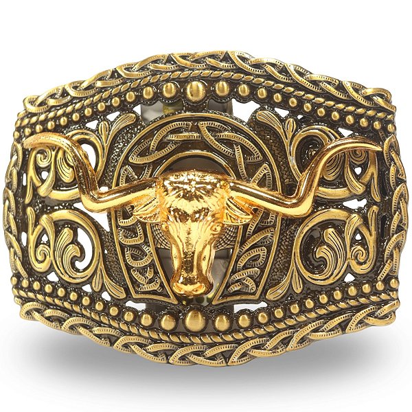 Fivela Country Long Horn Ferradura 045 8x6 - Ouro Velho
