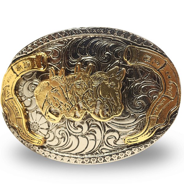 Fivela Country Três Cavalos 051 7x6 - Prata Dourado