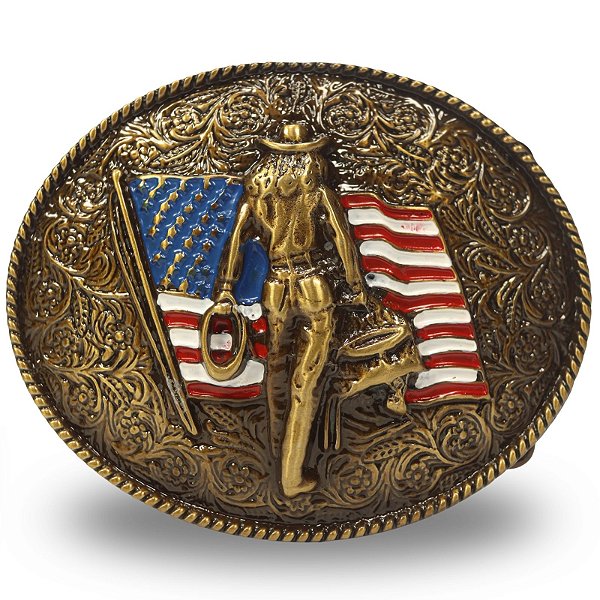 Fivela Country Cowboy USA 053 7x6 - Ouro Velho