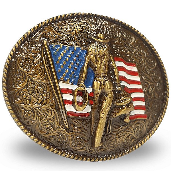 Fivela Country Cowboy USA 053 7x6 - Ouro Velho