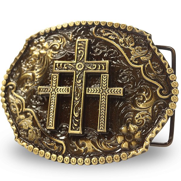 Fivela Country Cruz Tripla 044 7x5 - Ouro Velho