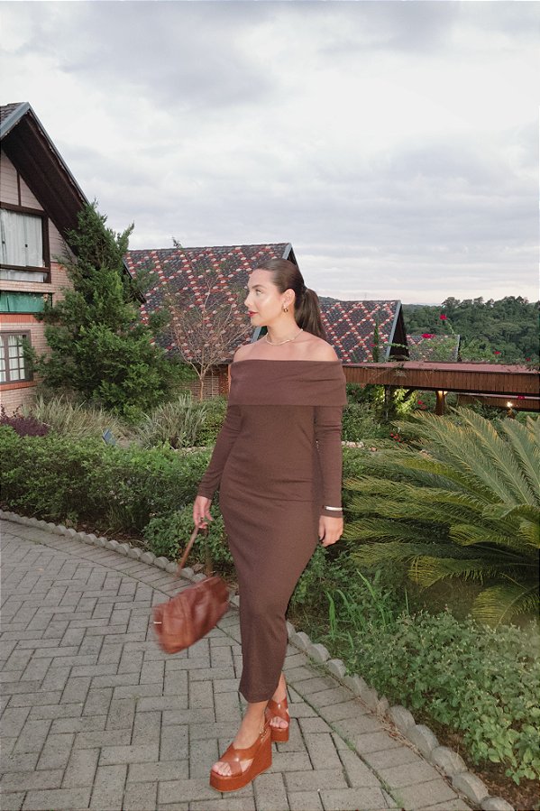 VESTIDO CANELADO OMBRO A OMBRO ARMY