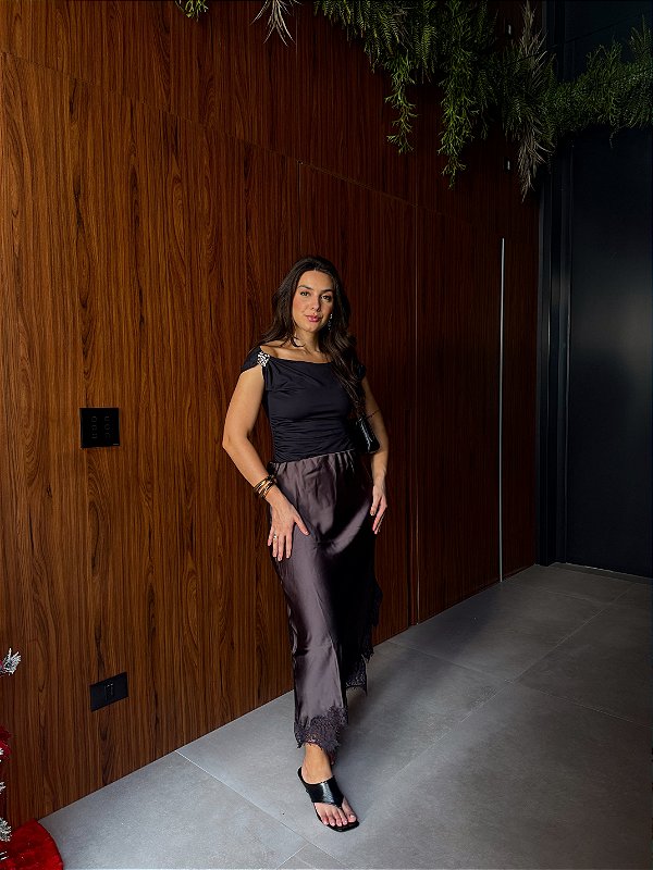 SAIA MIDI EM CETIM COM RENDA VITRA