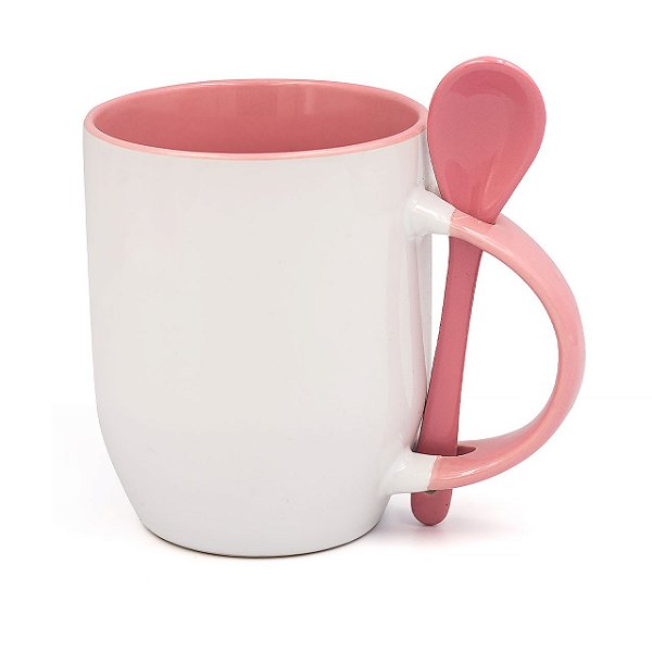 Caneca Branca para Sublimação Semi Cônica com Colher Interior e Alça Rosa