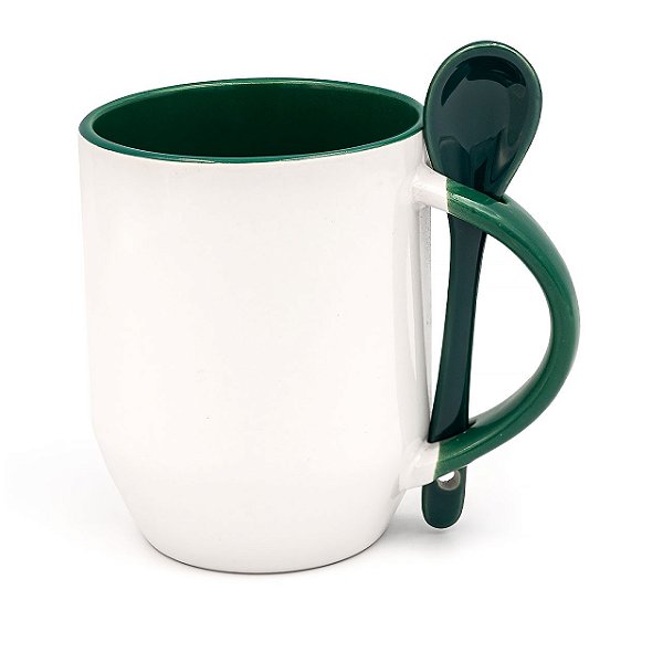 Caneca Branca para Sublimação Semi Cônica com Colher Interior e Alça Verde