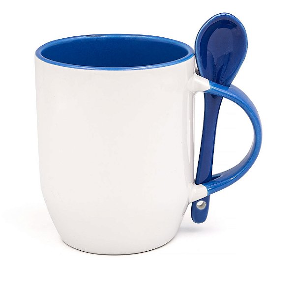 Caneca Branca para Sublimação Semi Cônica com Colher Interior e Alça Azul