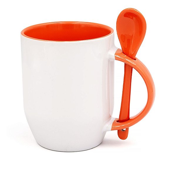 Caneca Branca para Sublimação Semi Cônica com Colher Interior e Alça Laranja